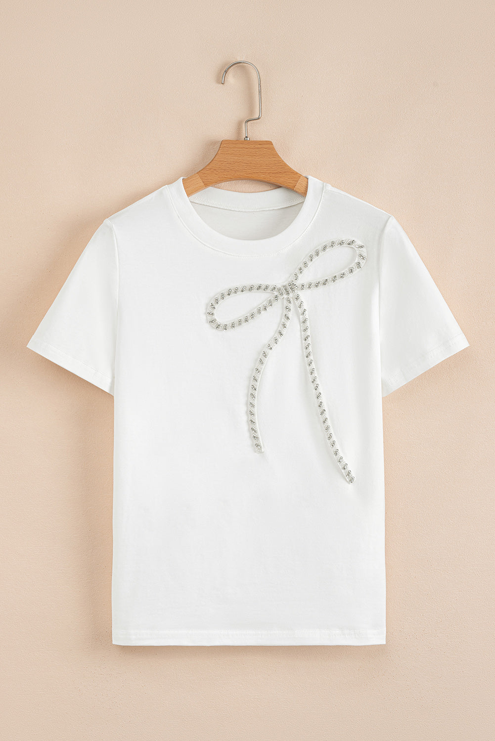 Rhinestone Bow Round Neck Tee