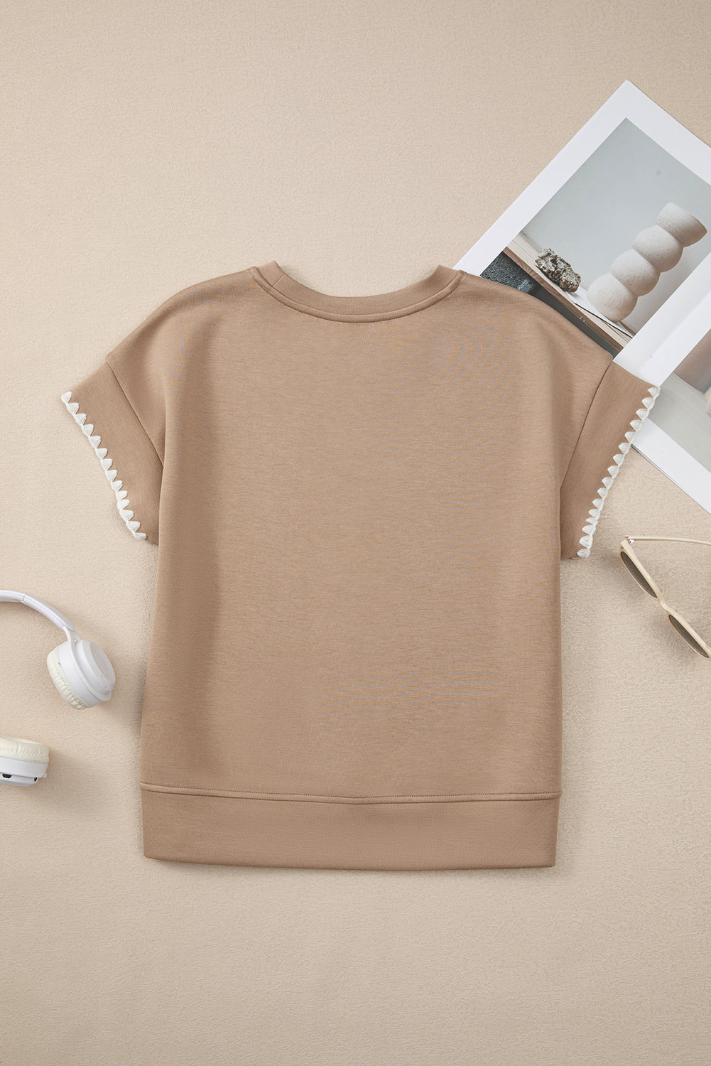 Taupe Ric Rac Color Contrast Ribbed Crew Top