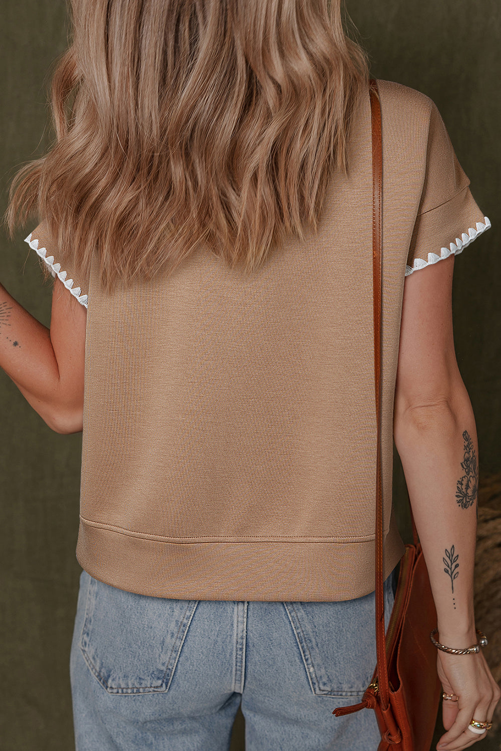 Taupe Ric Rac Color Contrast Ribbed Crew Top