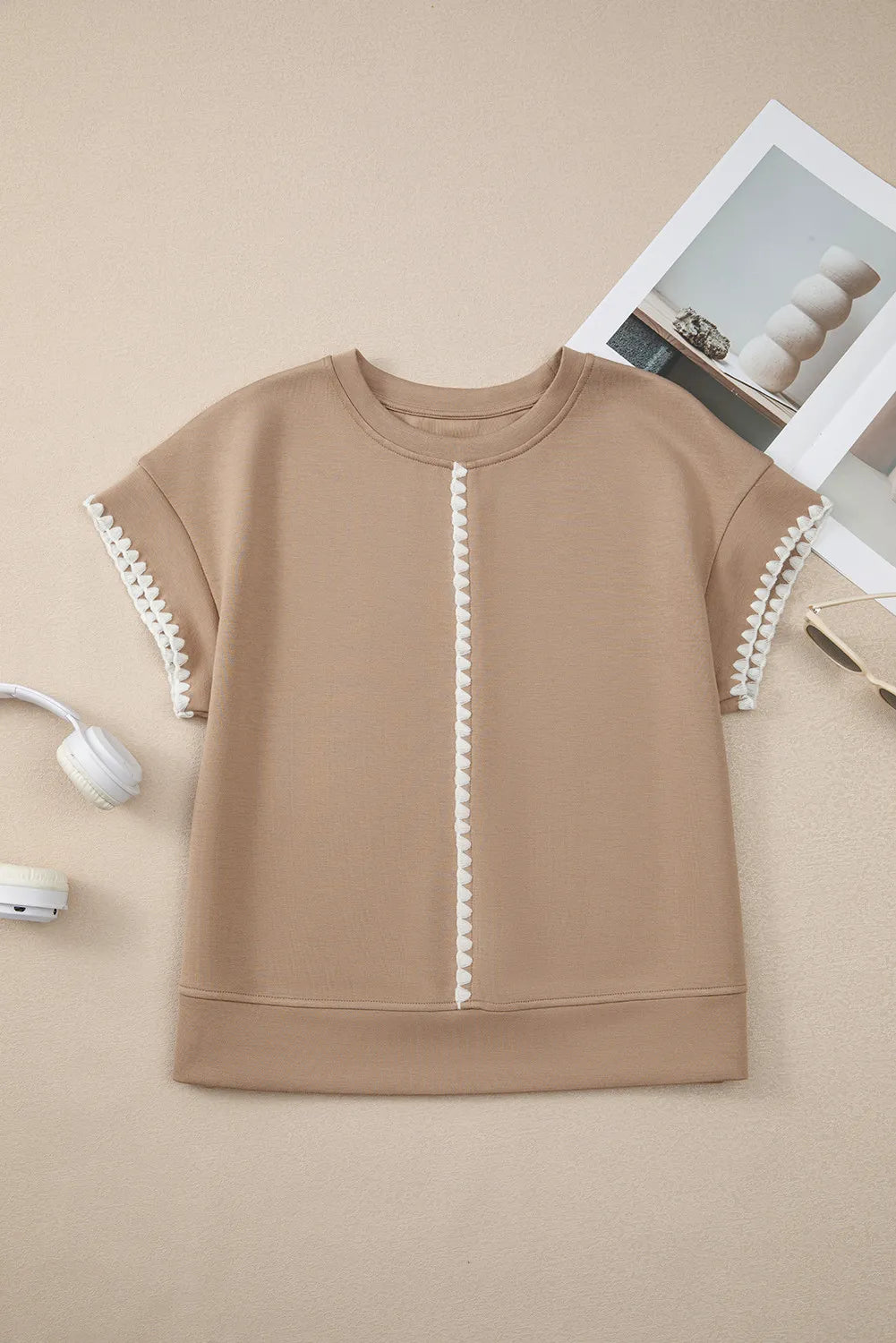 Taupe Ric Rac Color Contrast Ribbed Crew Top
