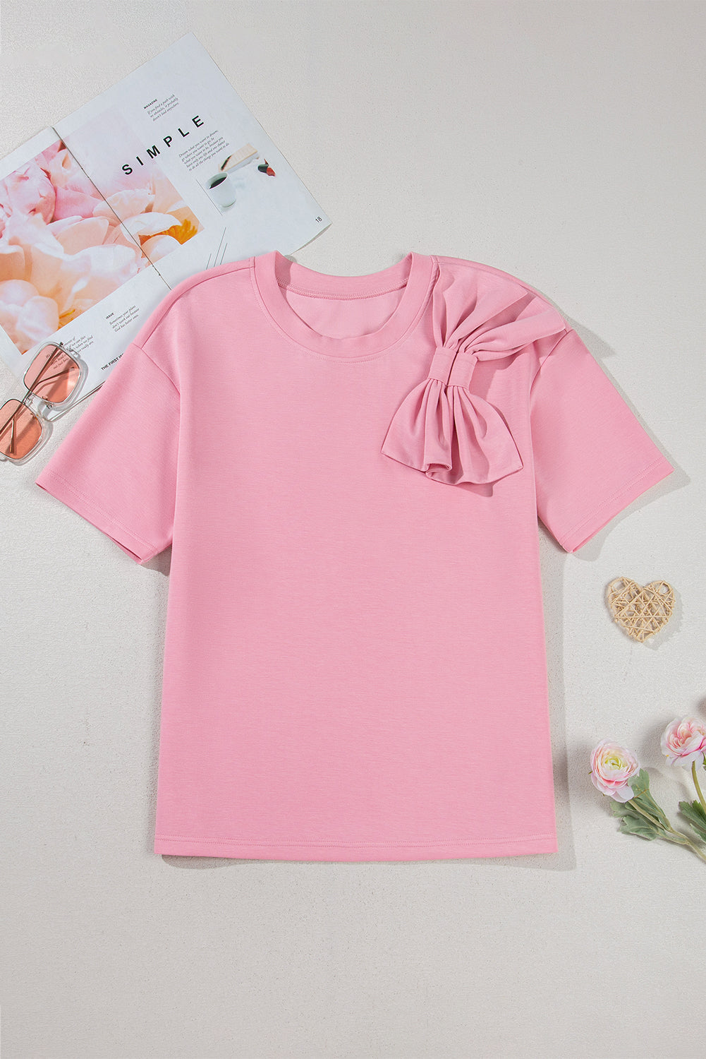 Bow Applique Half Sleeve Knit Top