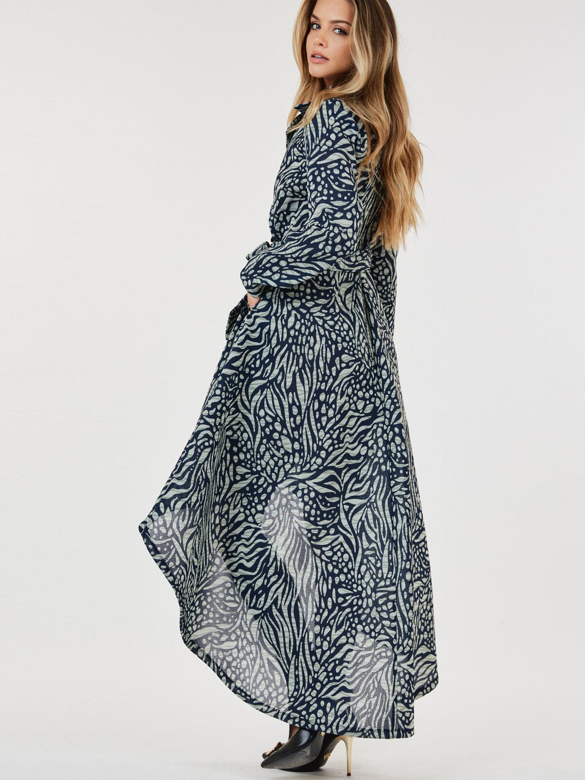 Long Sleeve Printed Double Breasted High-Low Tie Dress