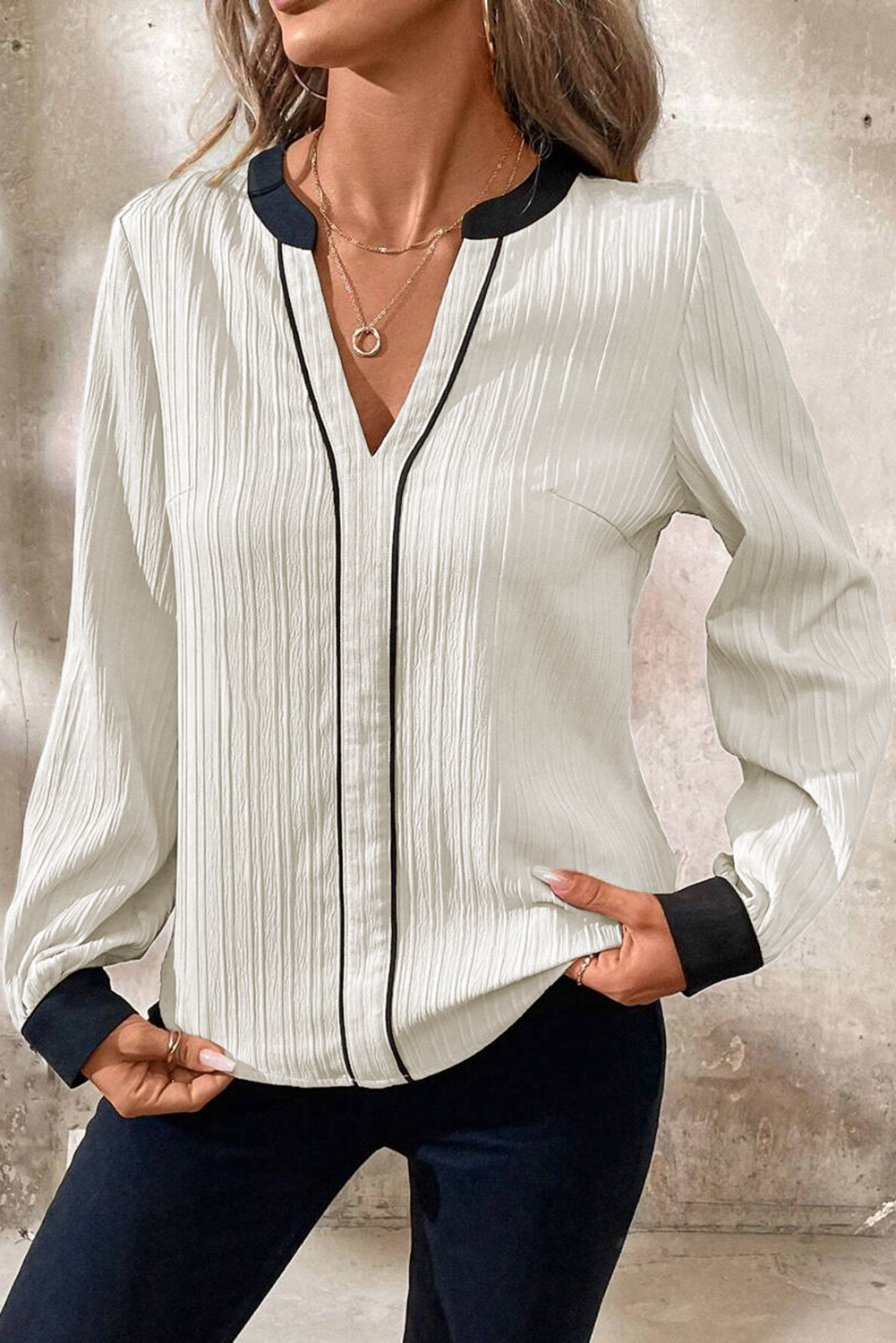 Textured Colorblock V Neck Top
