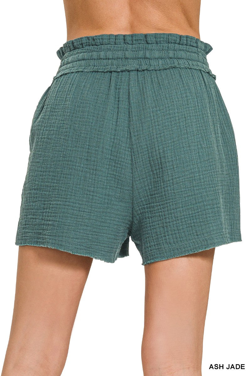 Gauze Elastic Waist Drawstring Shorts