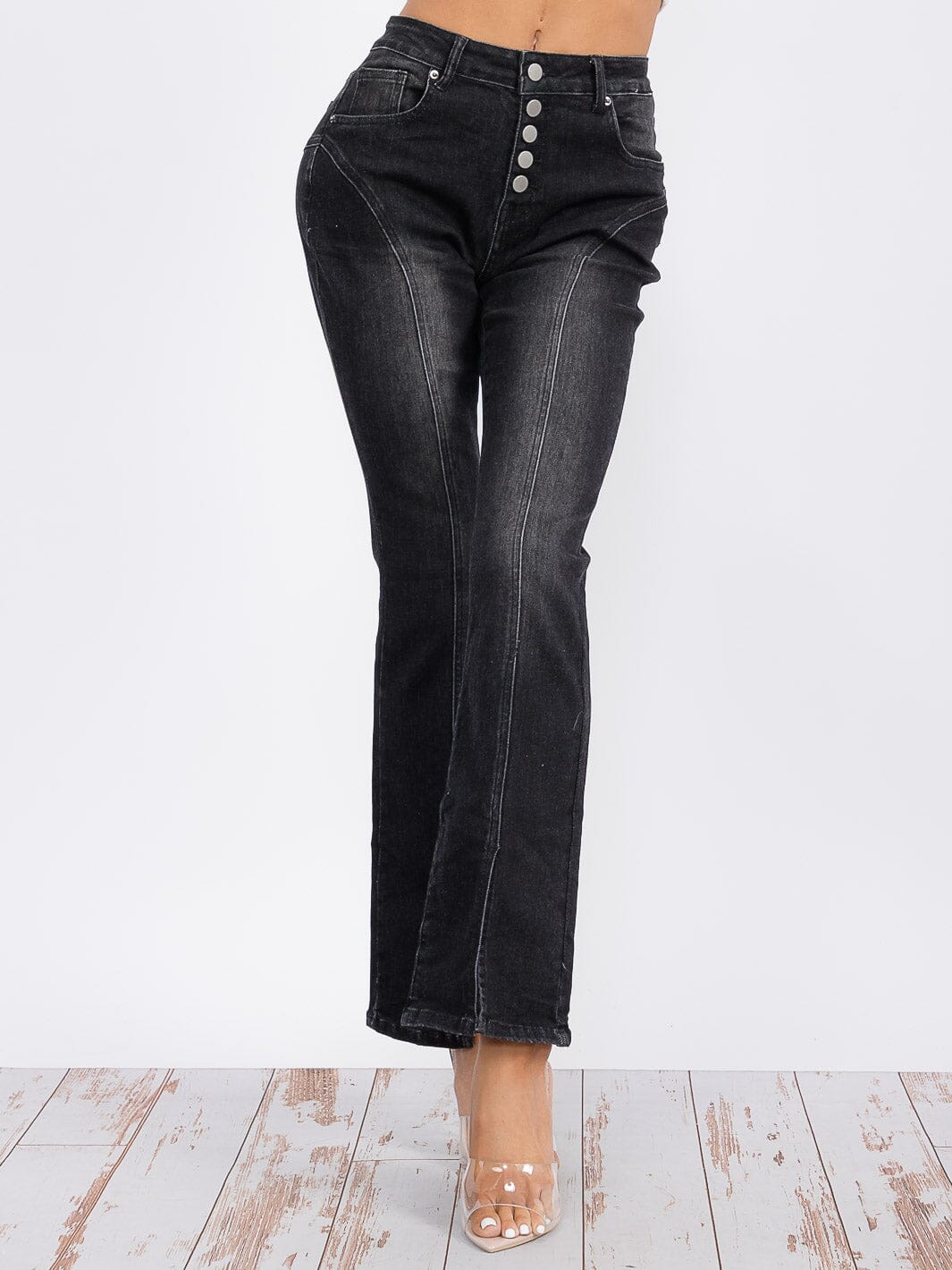 Button Closure Washed Denim Flare Jeans