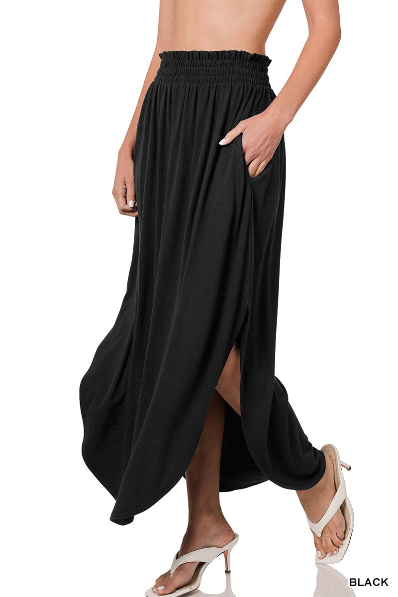 Smocked Waist Side Slits Maxi Skirt
