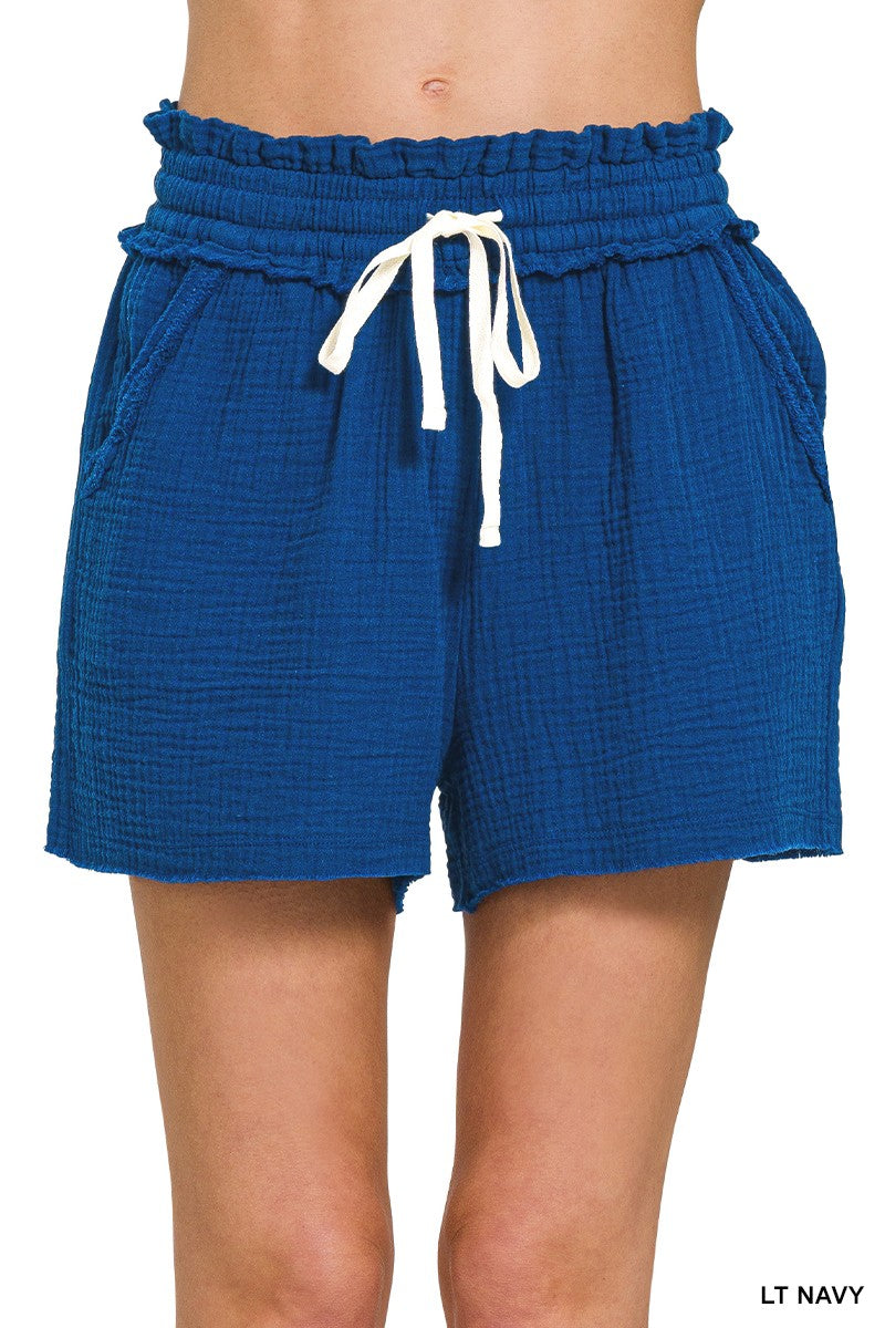 Gauze Elastic Waist Drawstring Shorts