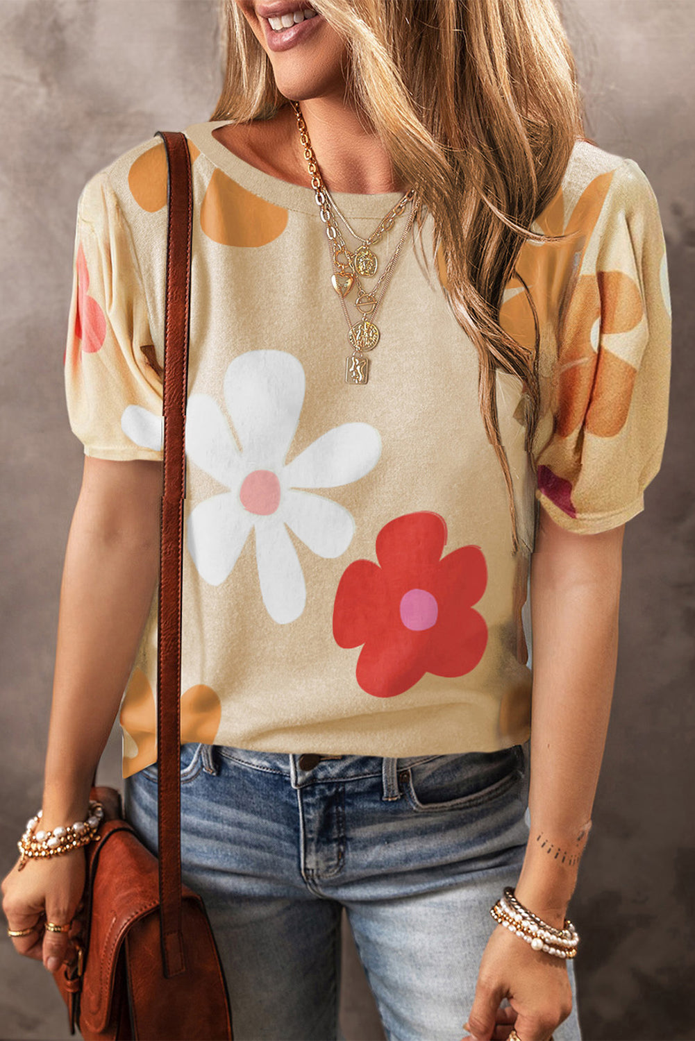 Flower Print Bubble Sleeve Top