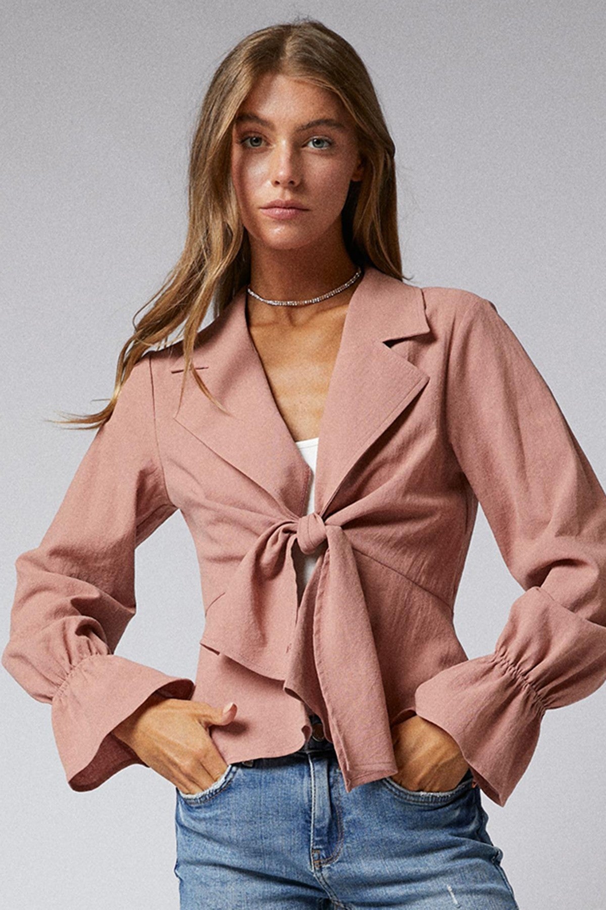 Ruffle Long Sleeves Tie Front Peplum Jacket