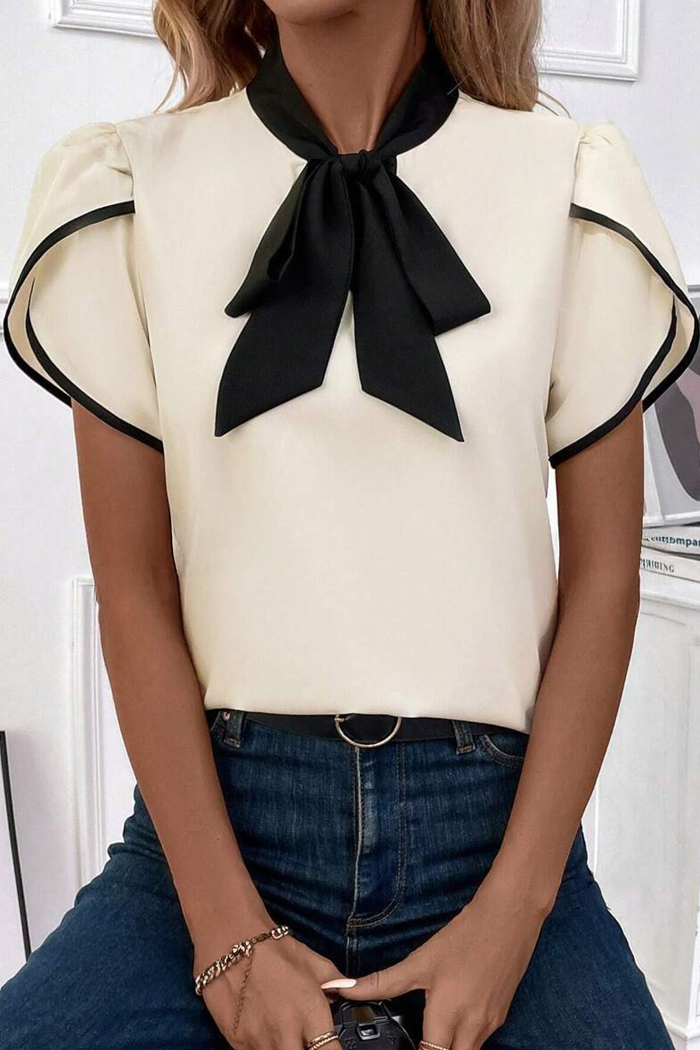 Bow Knot Neckline Contrast Stripe Top