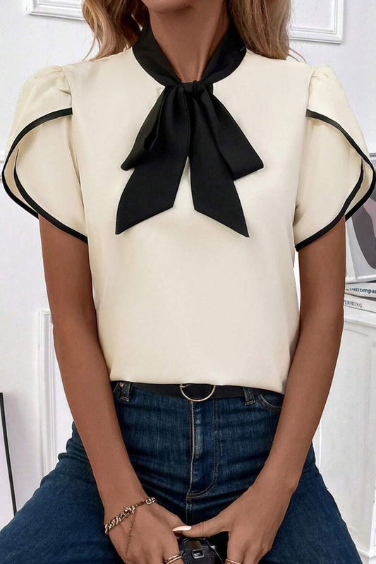 Bow Knot Neckline Contrast Stripe Top
