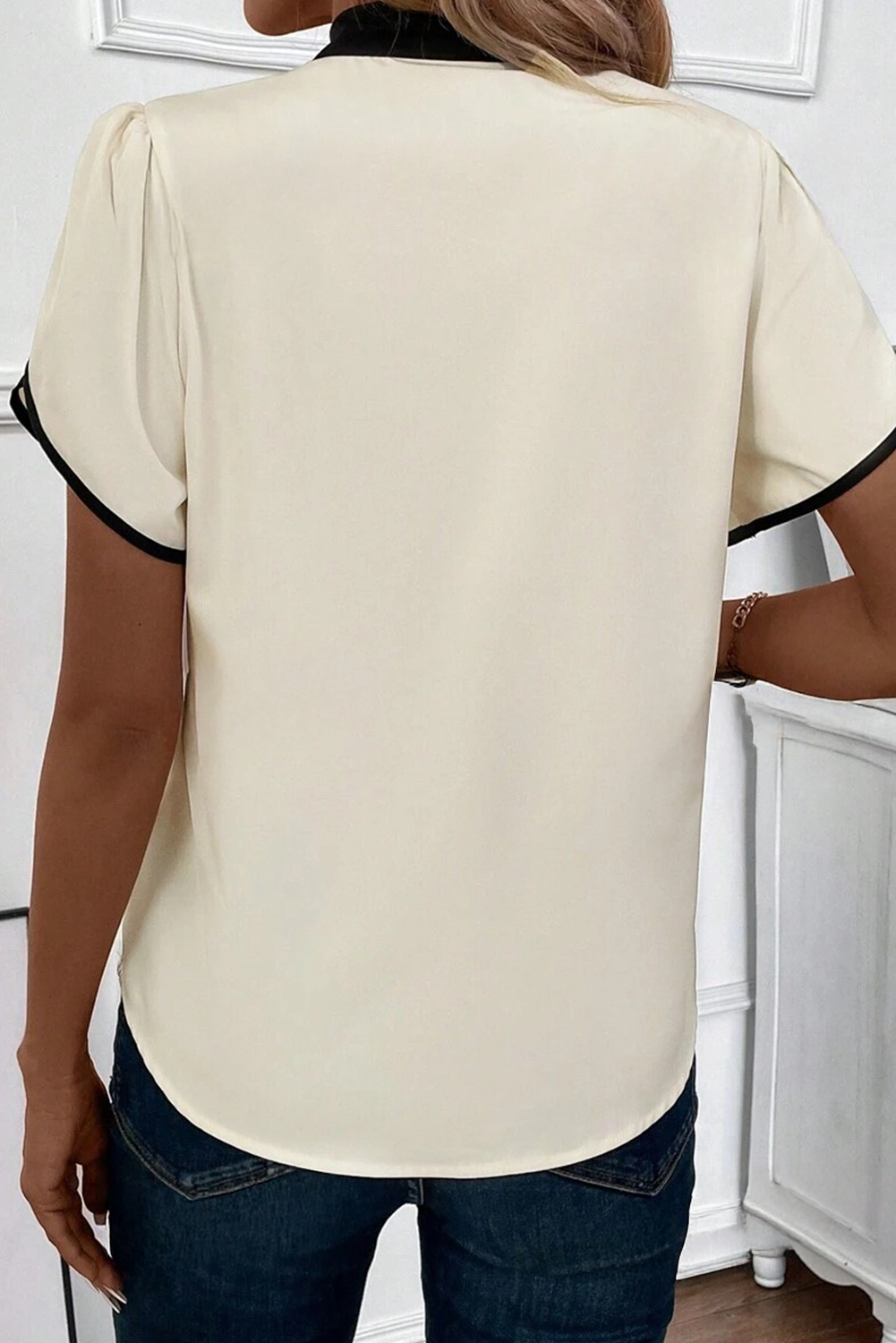 Bow Knot Neckline Contrast Stripe Top