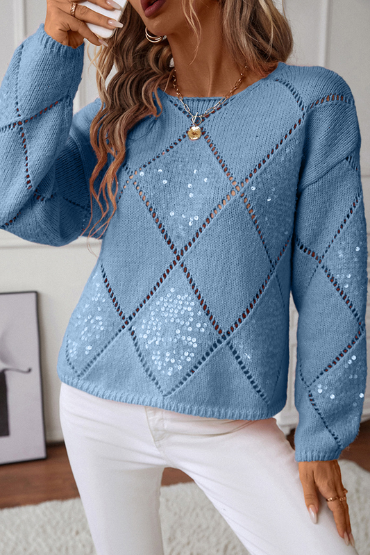 Diamond Patterened Sequin Long Sleeve Sweater