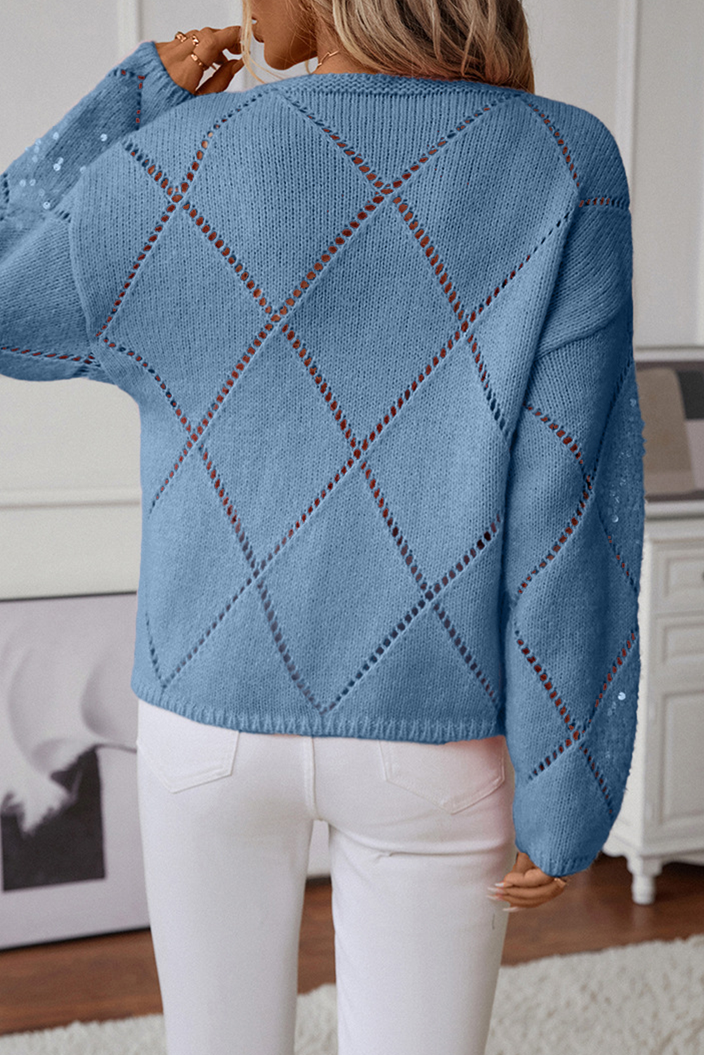 Diamond Patterened Sequin Long Sleeve Sweater