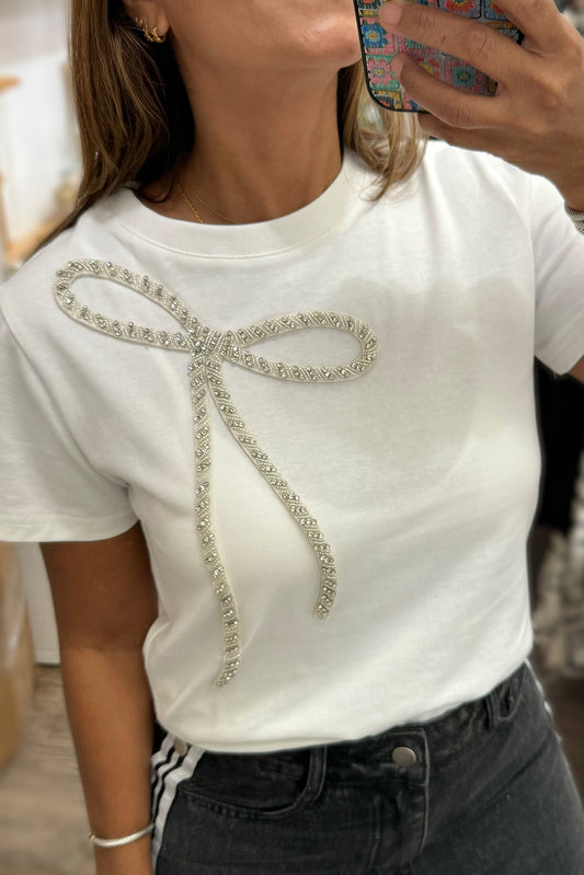 Rhinestone Bow Round Neck Tee