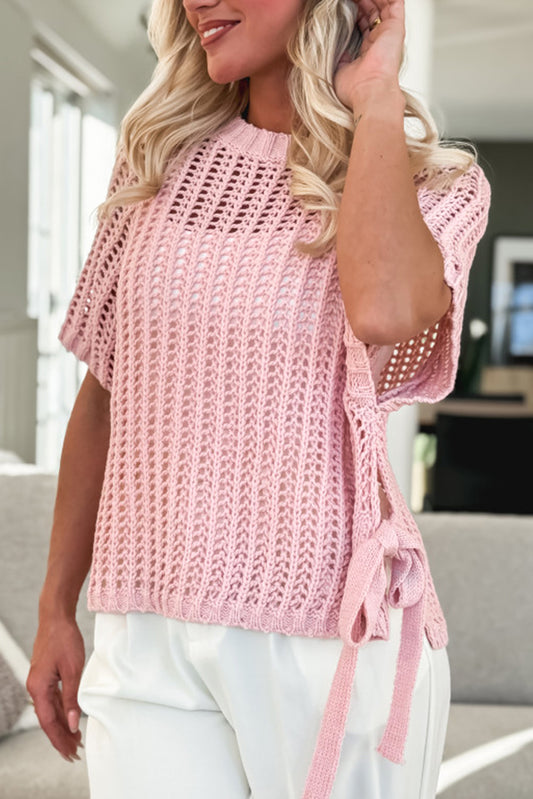 Crochet Side Tie Short Sleeve Sweater