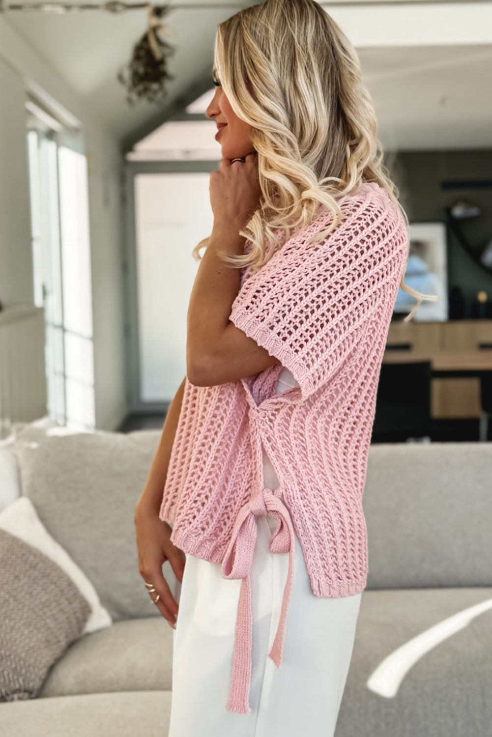 Crochet Side Tie Short Sleeve Sweater