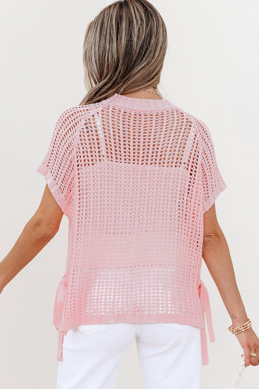 Crochet Side Tie Short Sleeve Sweater