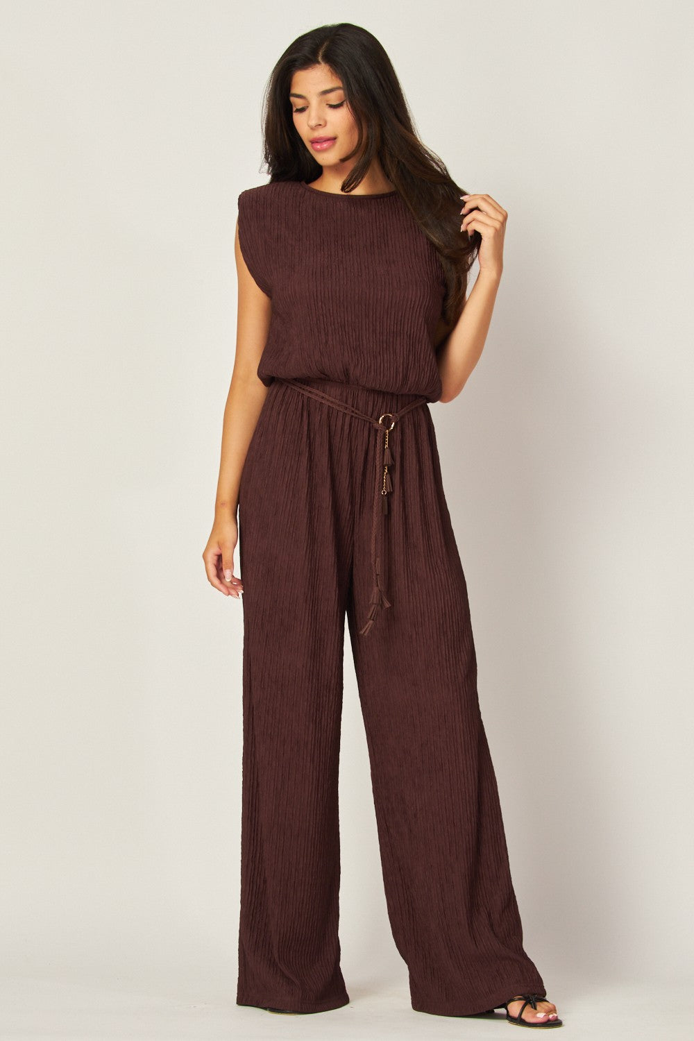Crinkled Belt Tie Jumpsuit