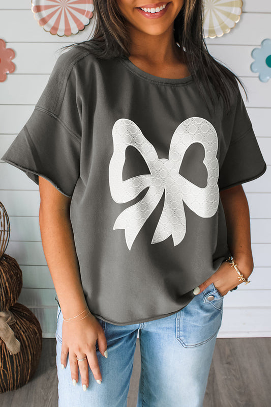 Lace Bow Raw Edge Casual Top
