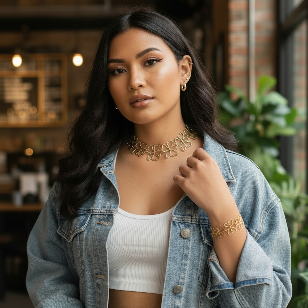 *New* Gold Metal Linked Flower Cutout Necklace