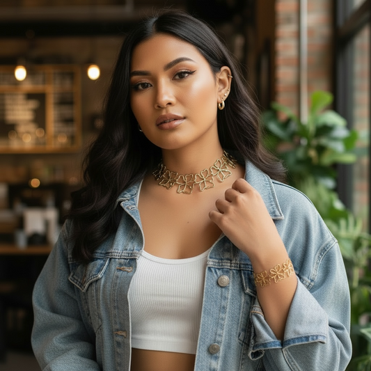 *New* Gold Metal Linked Flower Cutout Necklace