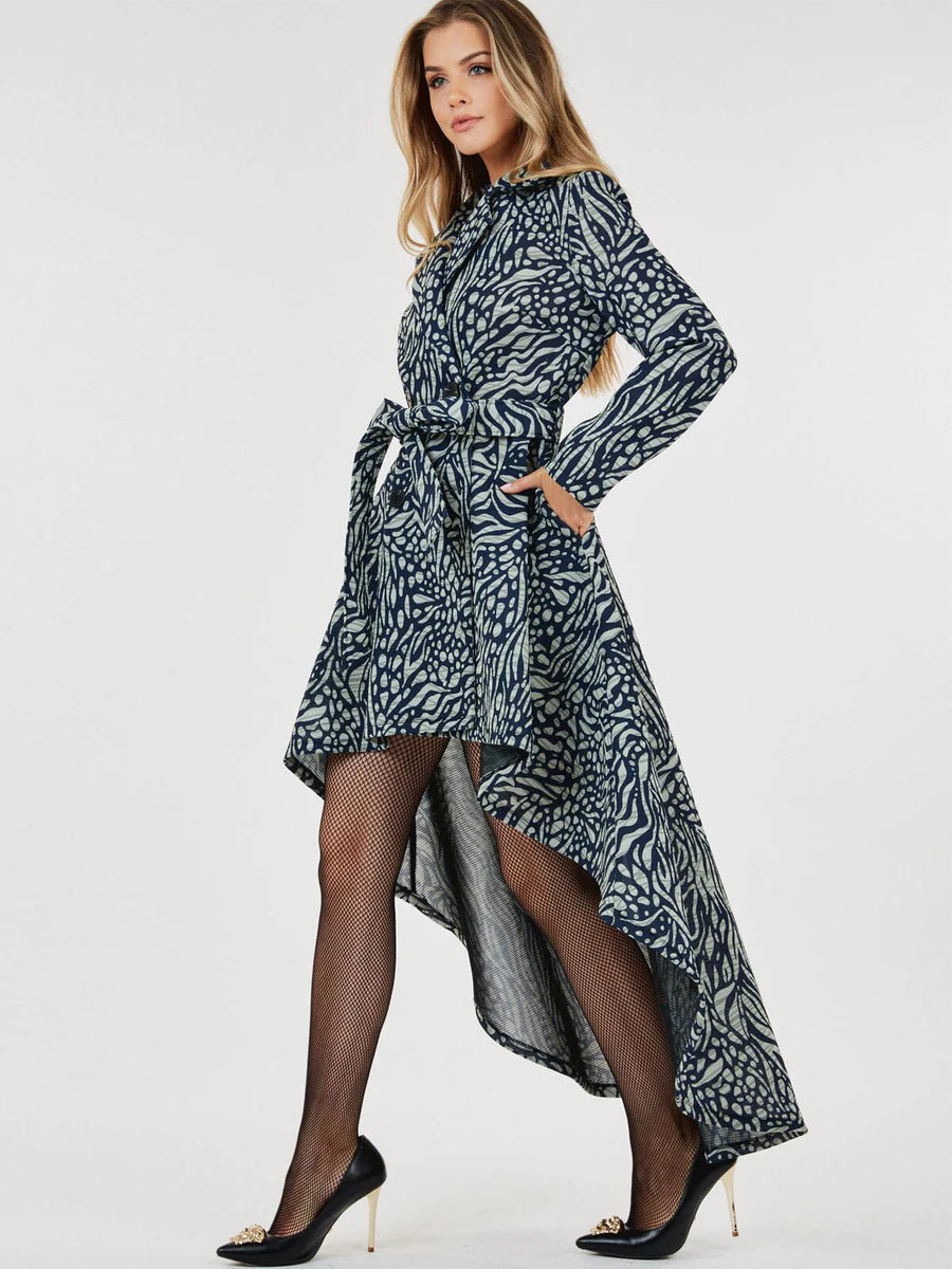 Long Sleeve Printed Double Breasted High-Low Tie Dress