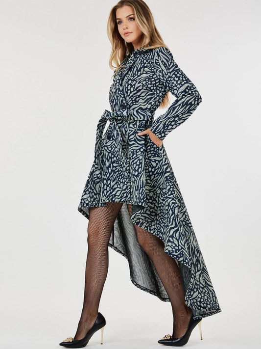 Long Sleeve Printed Double Breasted High-Low Tie Dress