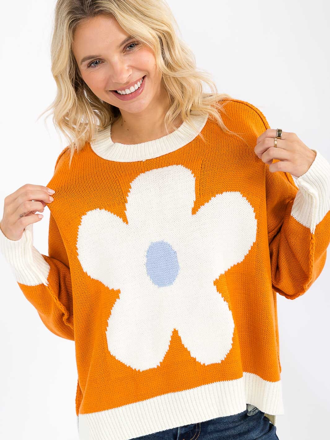 Long Sleeve Colorblock Floral Pullover Sweater