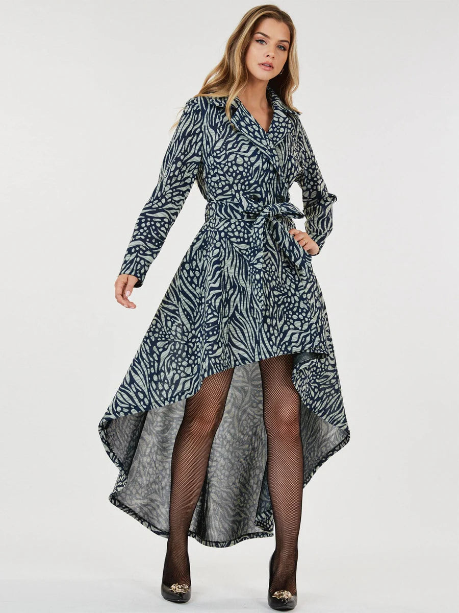 Long Sleeve Printed Double Breasted High-Low Tie Dress