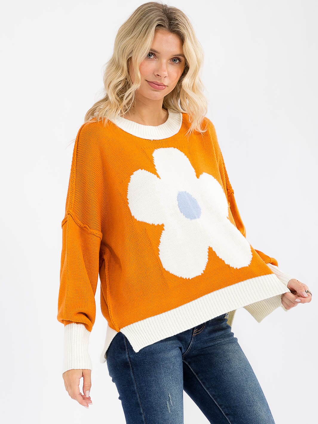 Long Sleeve Colorblock Floral Pullover Sweater