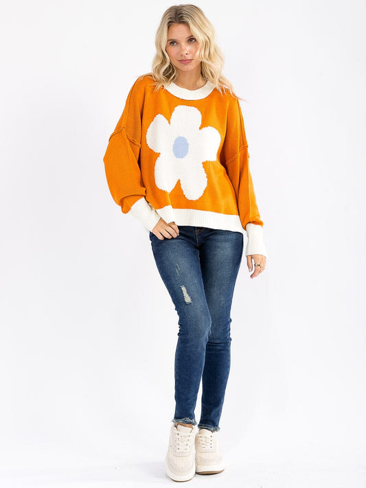 Long Sleeve Colorblock Floral Pullover Sweater
