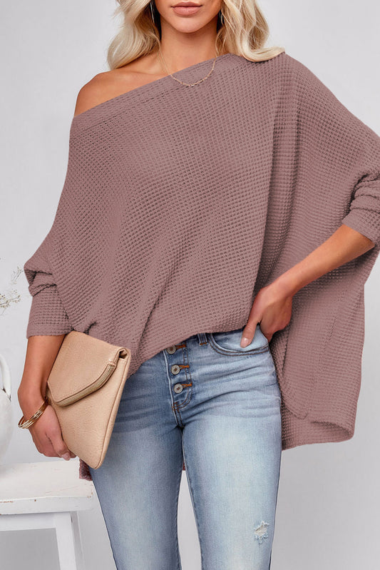 Waffle Knit Long Sleeve Oversized Pullover Top