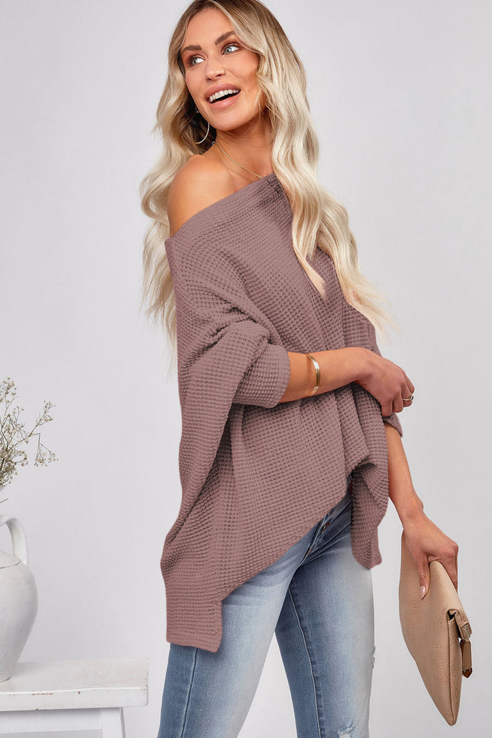 Waffle Knit Long Sleeve Oversized Pullover Top