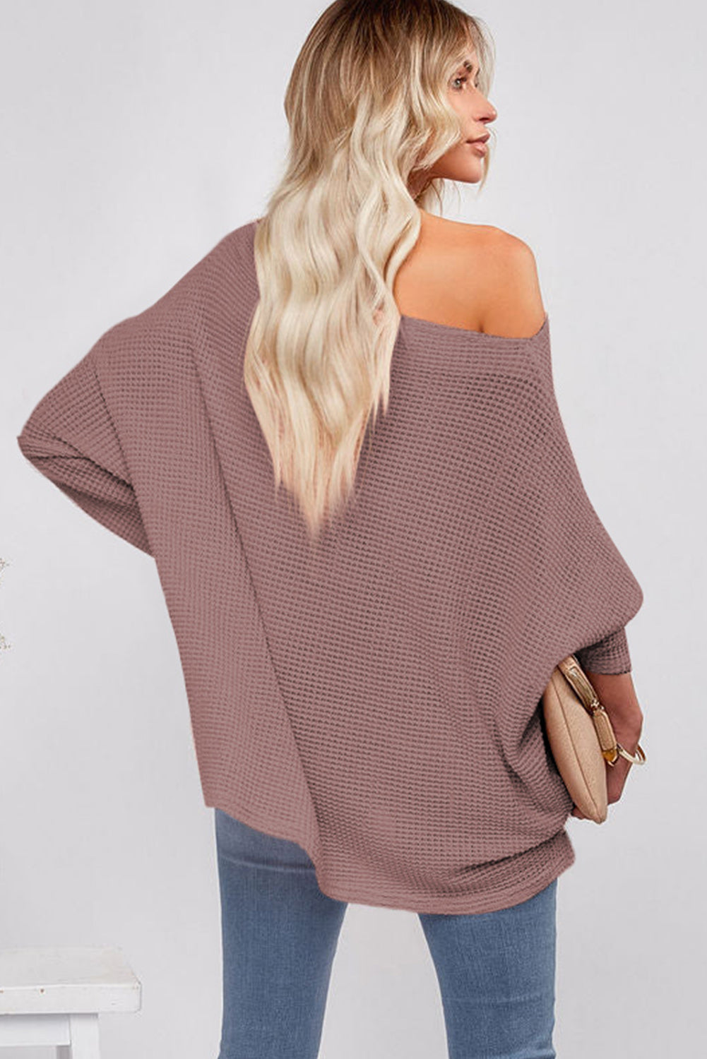 Waffle Knit Long Sleeve Oversized Pullover Top