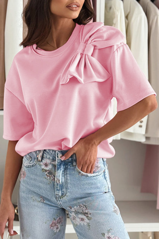 Bow Applique Half Sleeve Knit Top
