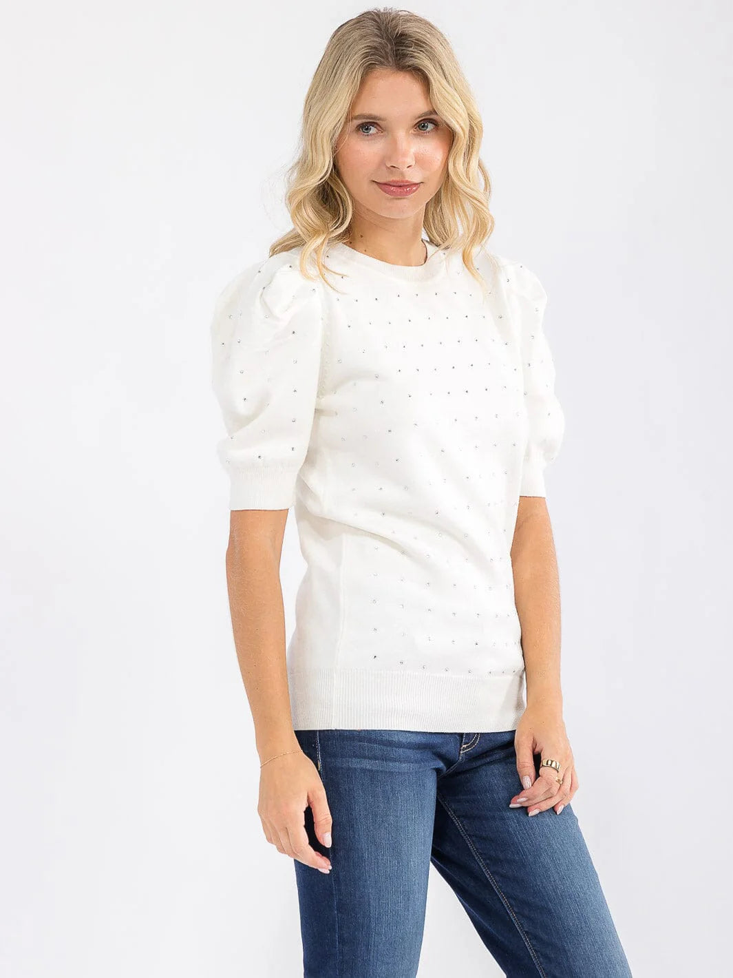 Short Puff Sleeve Studded Sweater