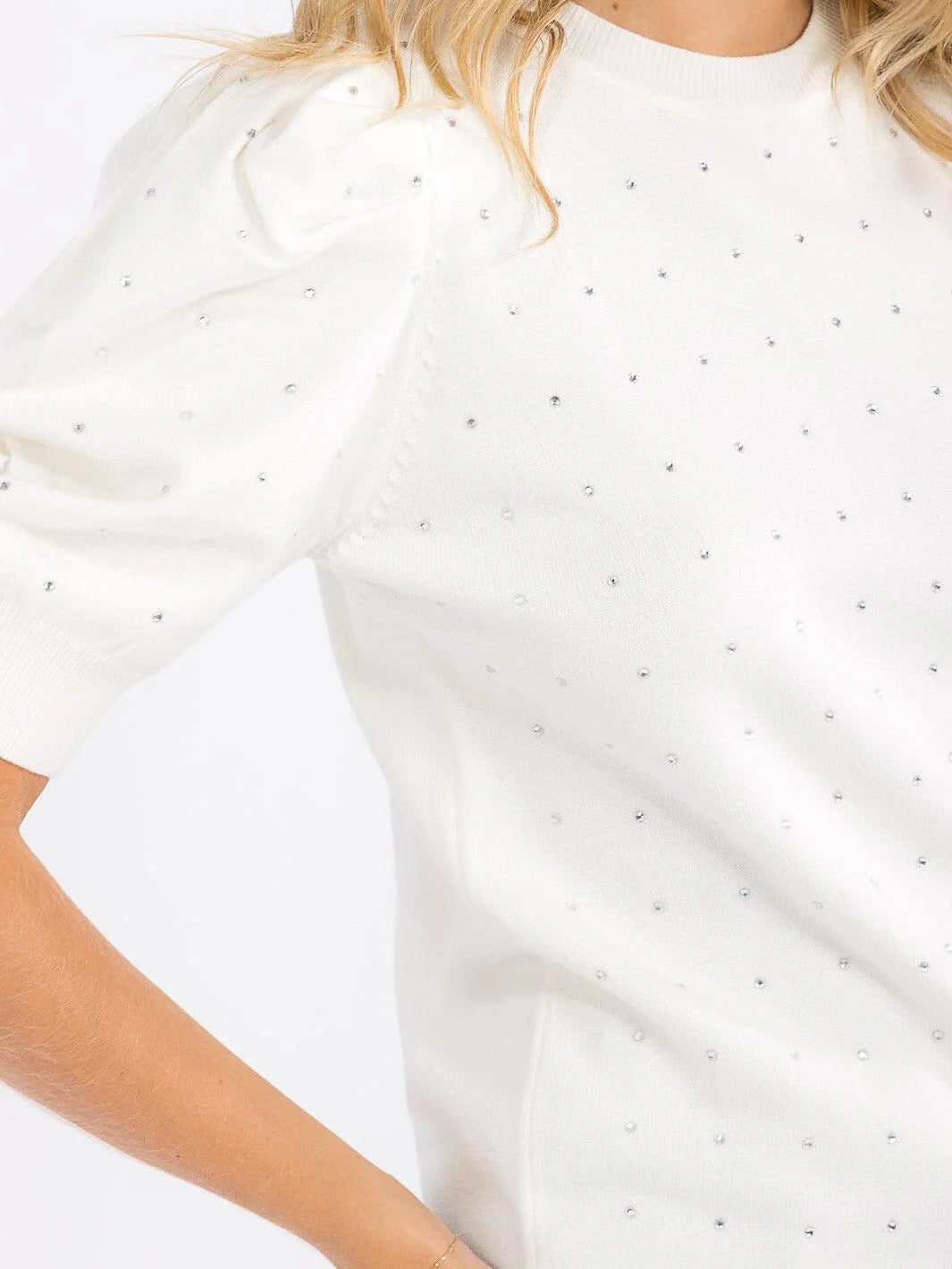 Short Puff Sleeve Studded Sweater