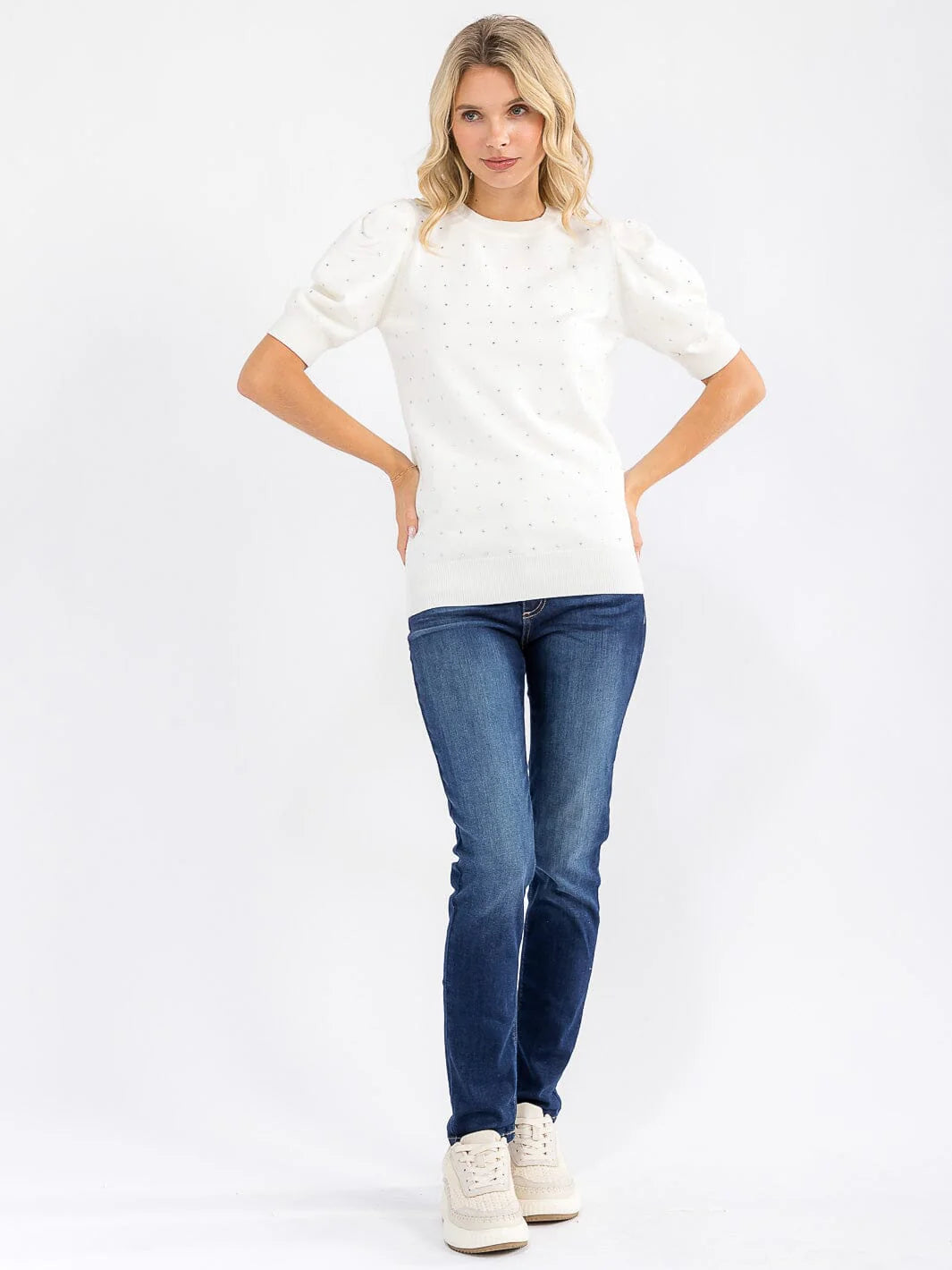 Short Puff Sleeve Studded Sweater