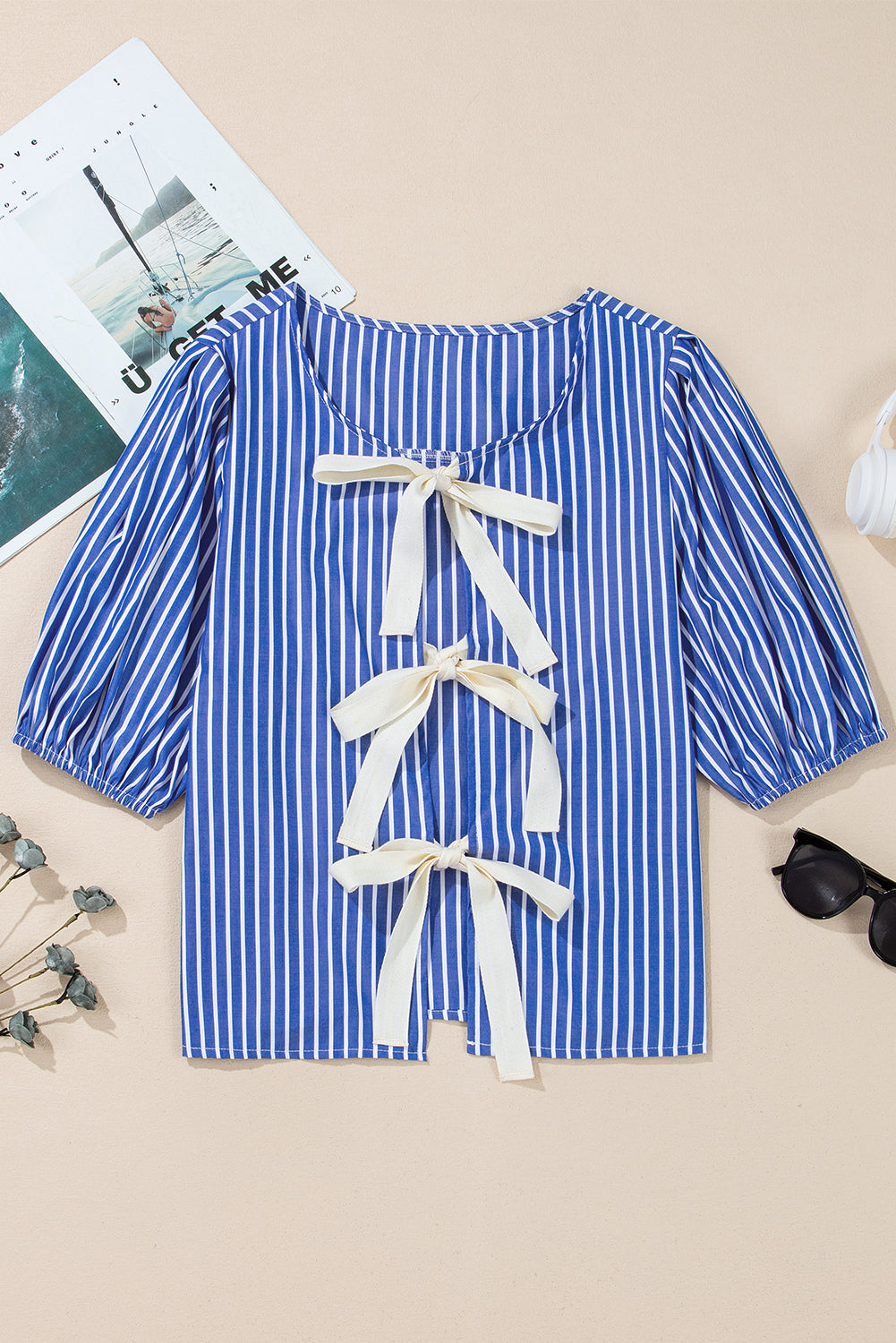 Stripe Tie Front Puff Short Sleeve Top