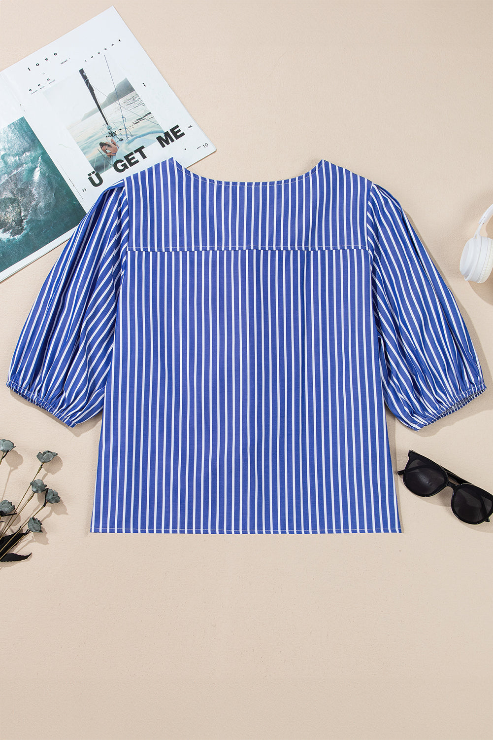 Stripe Tie Front Puff Short Sleeve Top