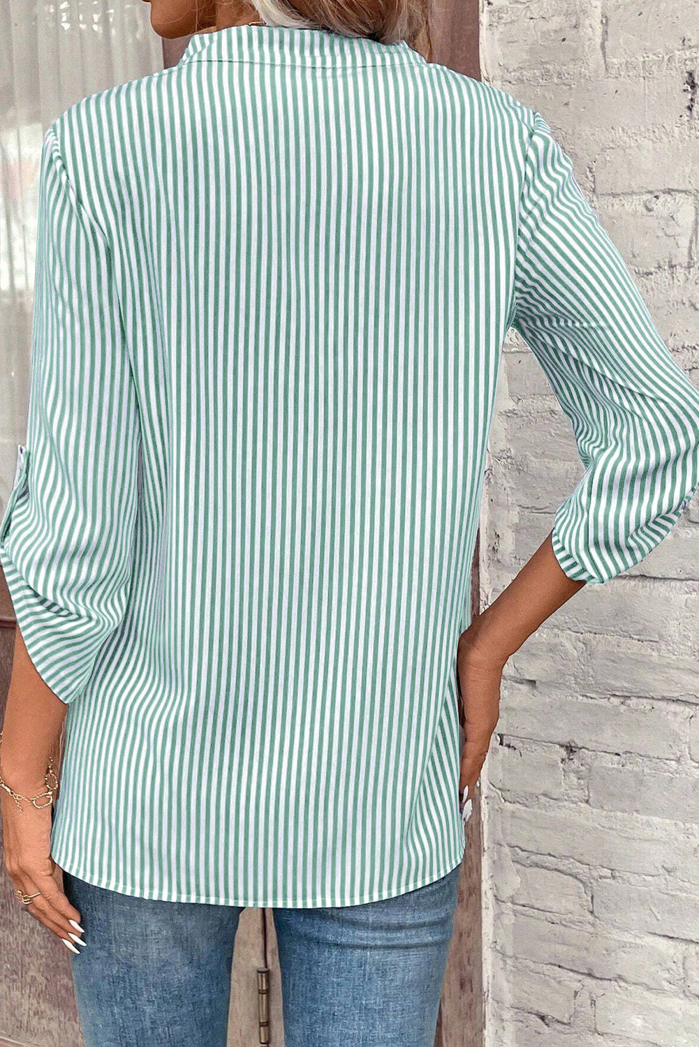 Stripe V Neck Roll Up Sleeve Top