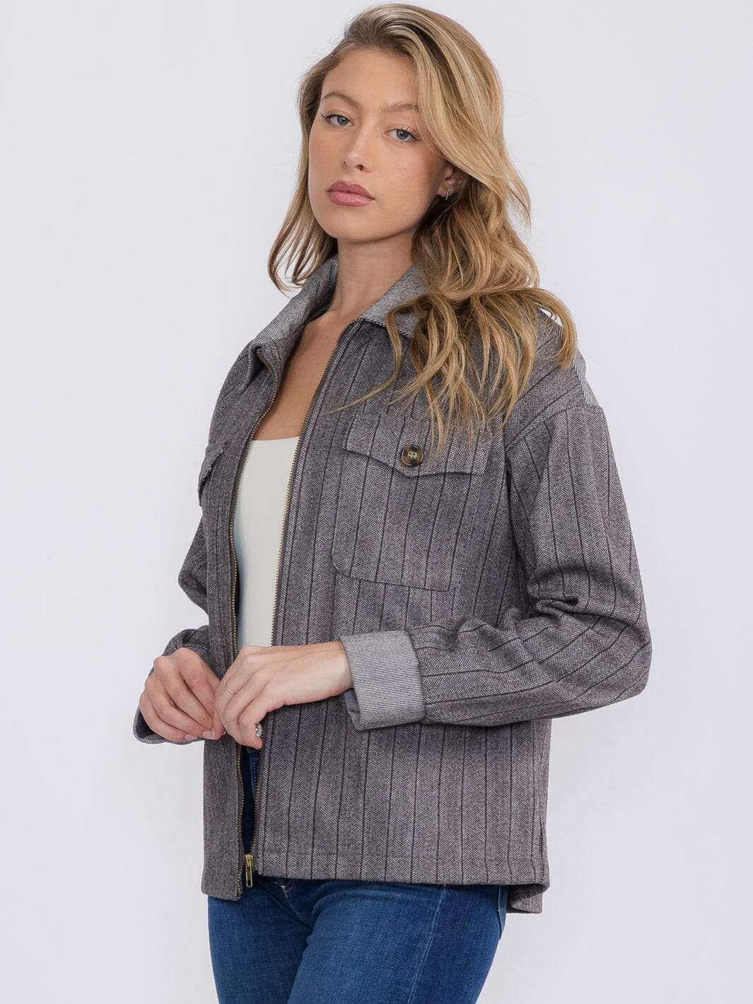 Striped Long Sleeve Front Zip Jacket