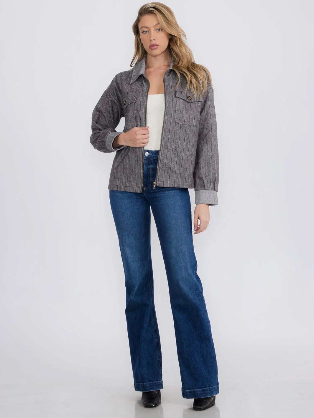 Striped Long Sleeve Front Zip Jacket