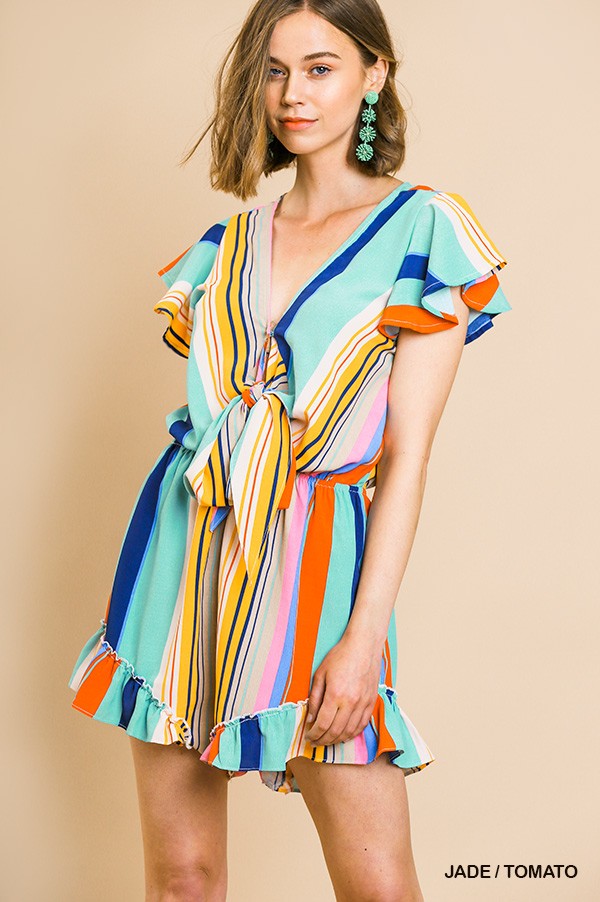 Striped Ruffle Short Sleeve V Neck Romper
