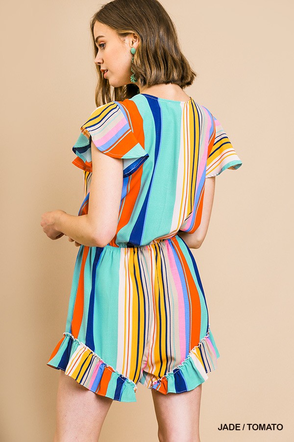 Striped Ruffle Short Sleeve V Neck Romper
