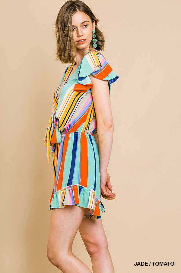 Striped Ruffle Short Sleeve V Neck Romper