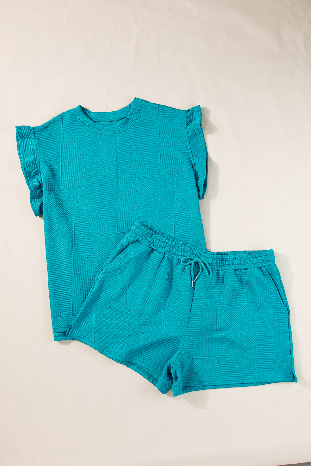 Textured Ruffle Short Sleeve Top w/ Drawstring Short