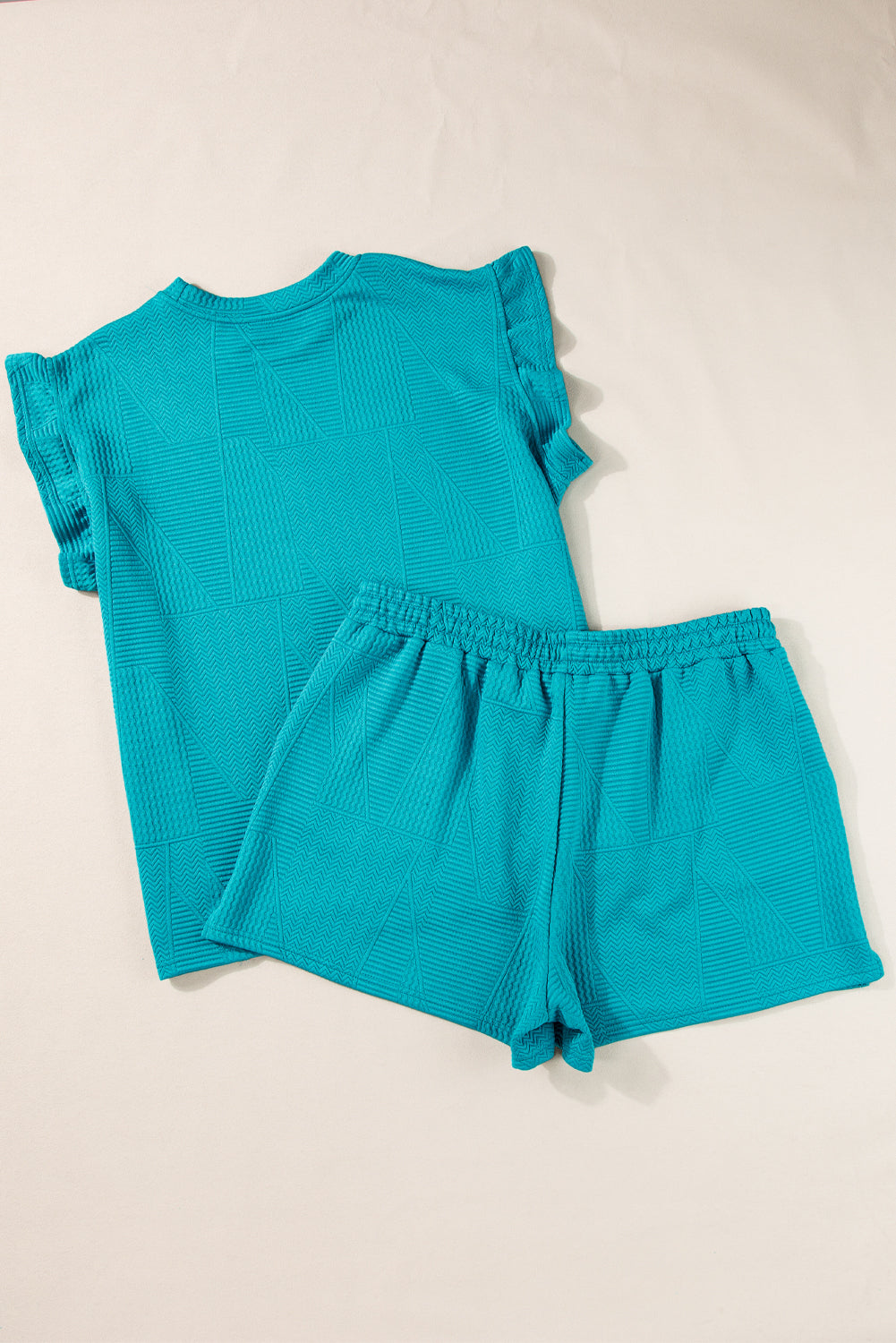 Textured Ruffle Short Sleeve Top w/ Drawstring Short