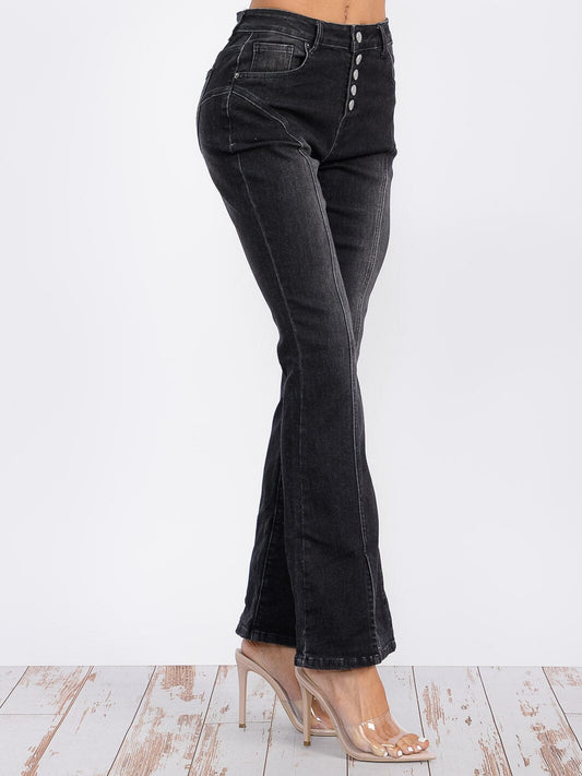 Button Closure Washed Denim Flare Jeans